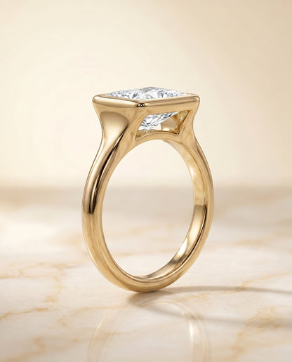 Agnes Select Bezel Solitaire In Princess Cut Lab Diamond Engagement Ring in 18K Yellow Gold, side view | RockHer
