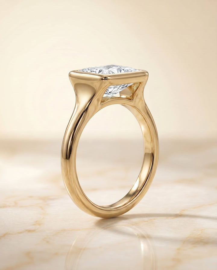 Agnes Select Bezel Solitaire In Princess Cut Lab Diamond Engagement Ring in 18K Yellow Gold, side view | RockHer
