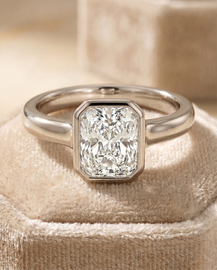 The Agnes Bezel Solitaire In Radiant Cut Engagement Ring Setting in Platinum