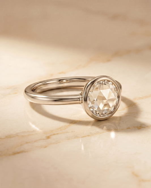 The Agnes Bezel Solitaire In Rose Cut Engagement Ring Setting in Platinum