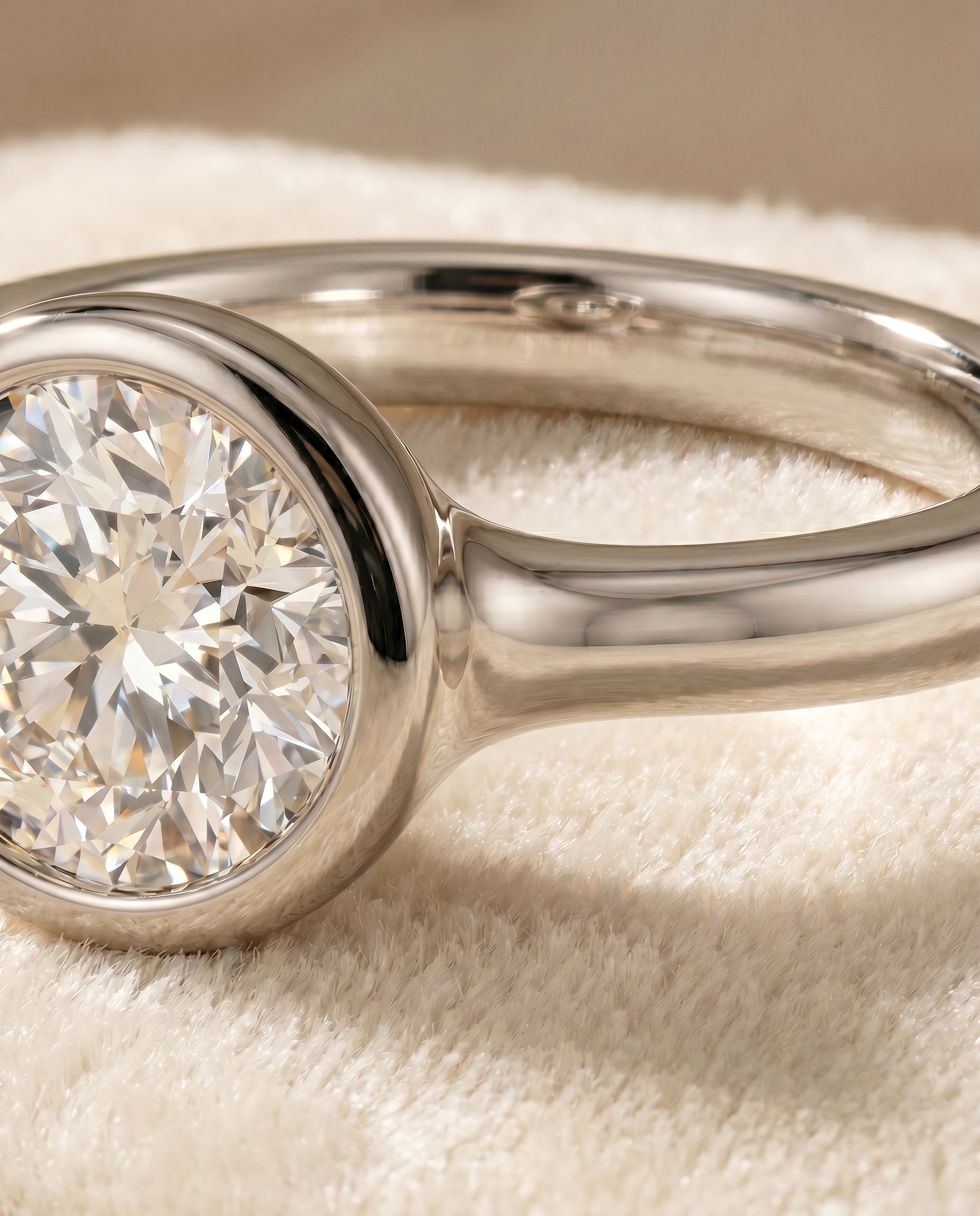 Agnes Select Bezel Solitaire In Round Lab Diamond Engagement Ring in 18K White Gold, detail view | RockHer