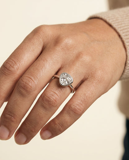 Agnes Select Bezel Solitaire In Shield Lab Diamond Engagement Ring in 18K White Gold, shown on hand | RockHer