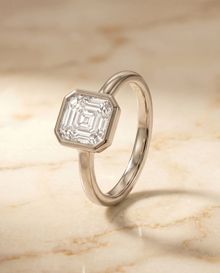 The Agnes Square Bezel Solitaire In Step Engagement Ring Setting in 18K White Gold