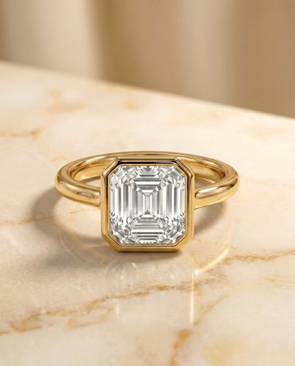 Agnes Select Square Bezel Solitaire In Step Lab Diamond Engagement Ring in 18K Yellow Gold, shown on hand, angled | RockHer