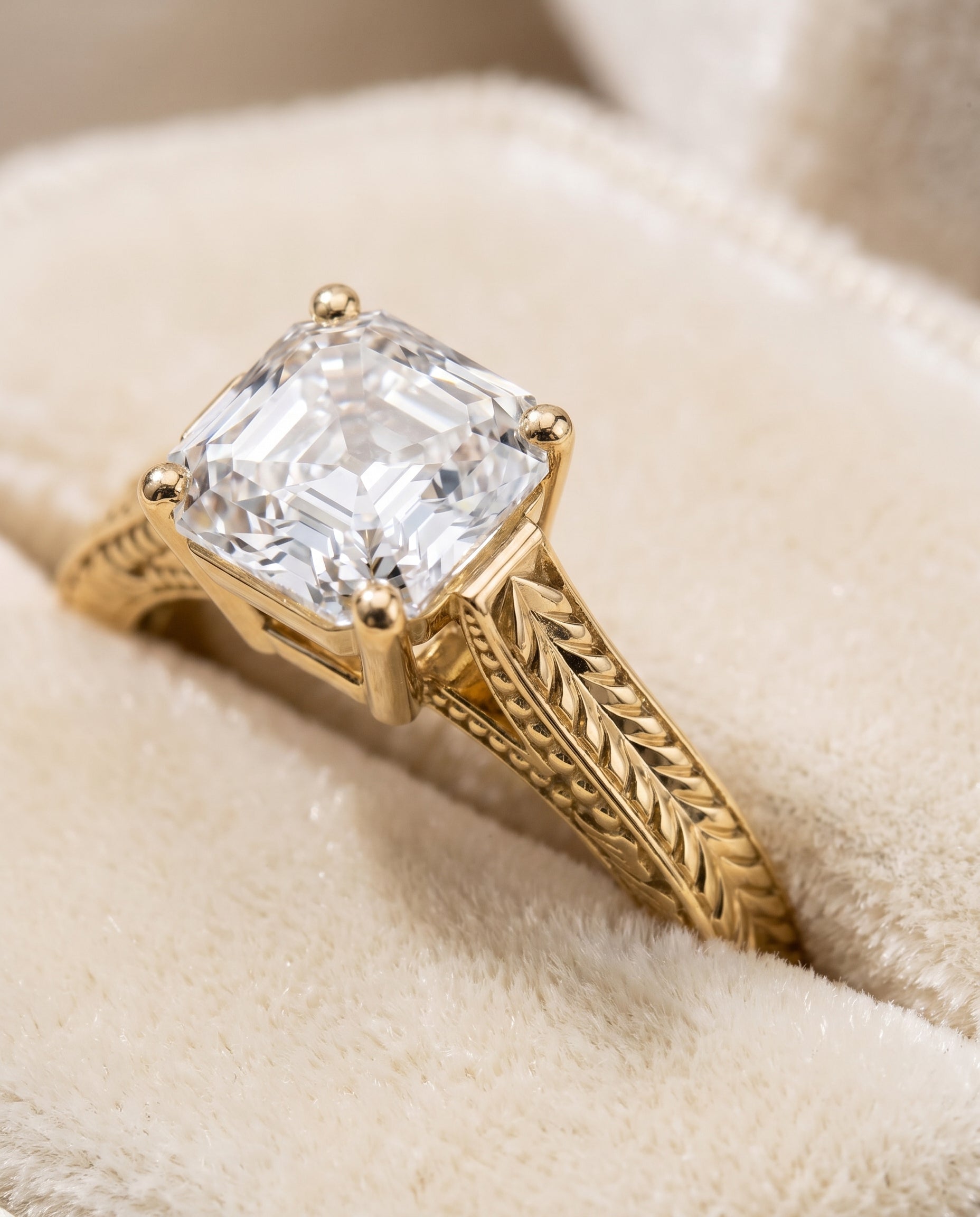 The Aida Hand Engraved Vintage Cathedral Solitaire Asscher Cut Engagement Ring Setting in 18K Yellow Gold