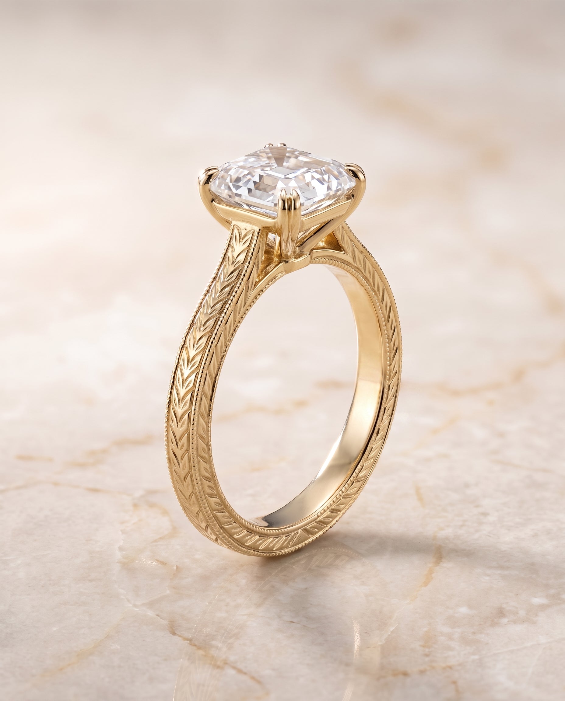 The Aida Hand Engraved Vintage Cathedral Solitaire Asscher Cut Engagement Ring Setting in 18K Yellow Gold