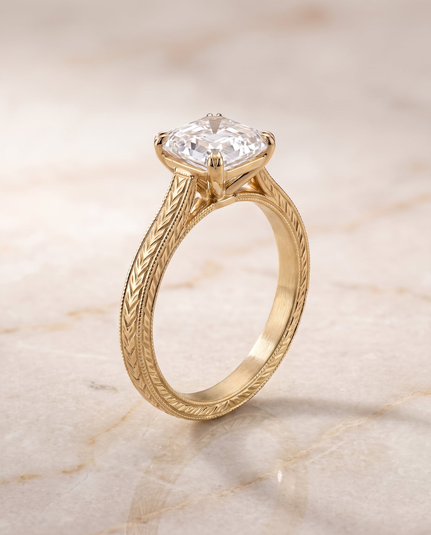 The Aida Hand Engraved Vintage Cathedral Solitaire Asscher Cut Engagement Ring Setting in 18K Yellow Gold