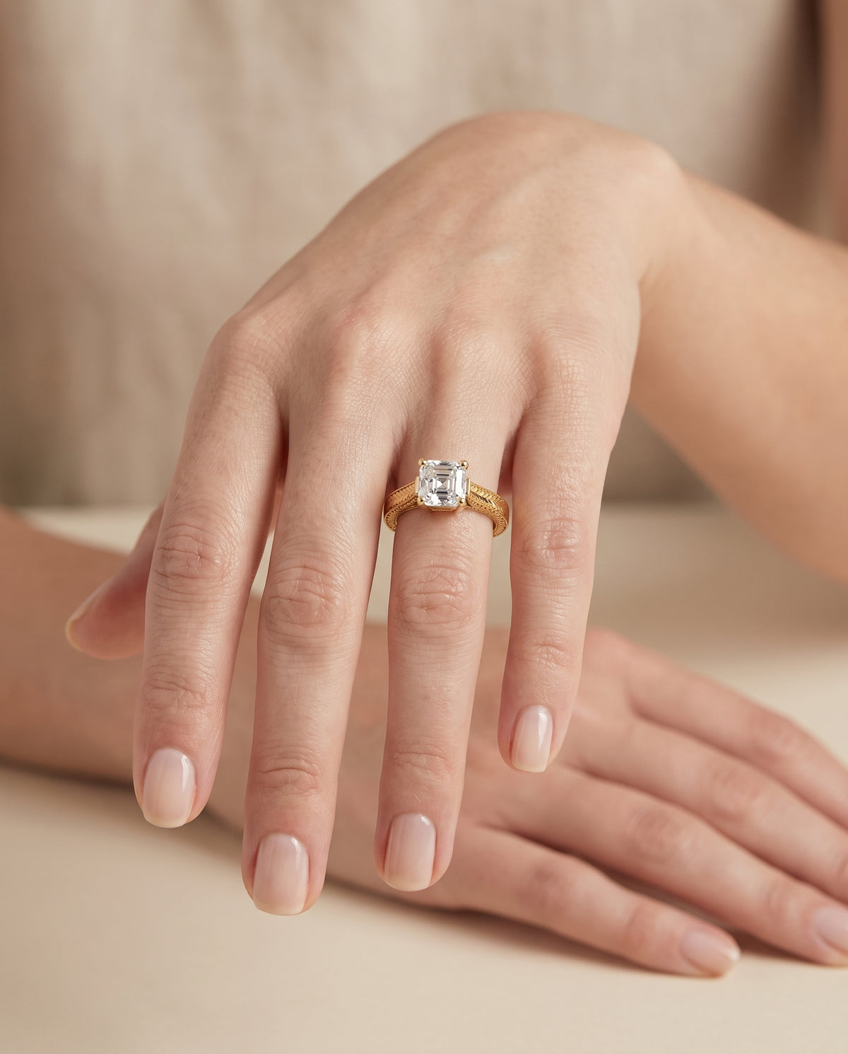 The Aida Hand Engraved Vintage Cathedral Solitaire Asscher Cut Engagement Ring Setting in 18K Yellow Gold