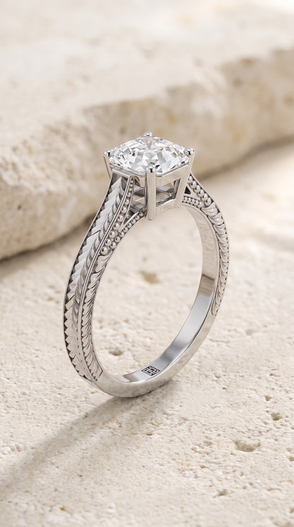 The Aida Hand Engraved Vintage Cathedral Solitaire Asscher Cut Engagement Ring Setting in Platinum