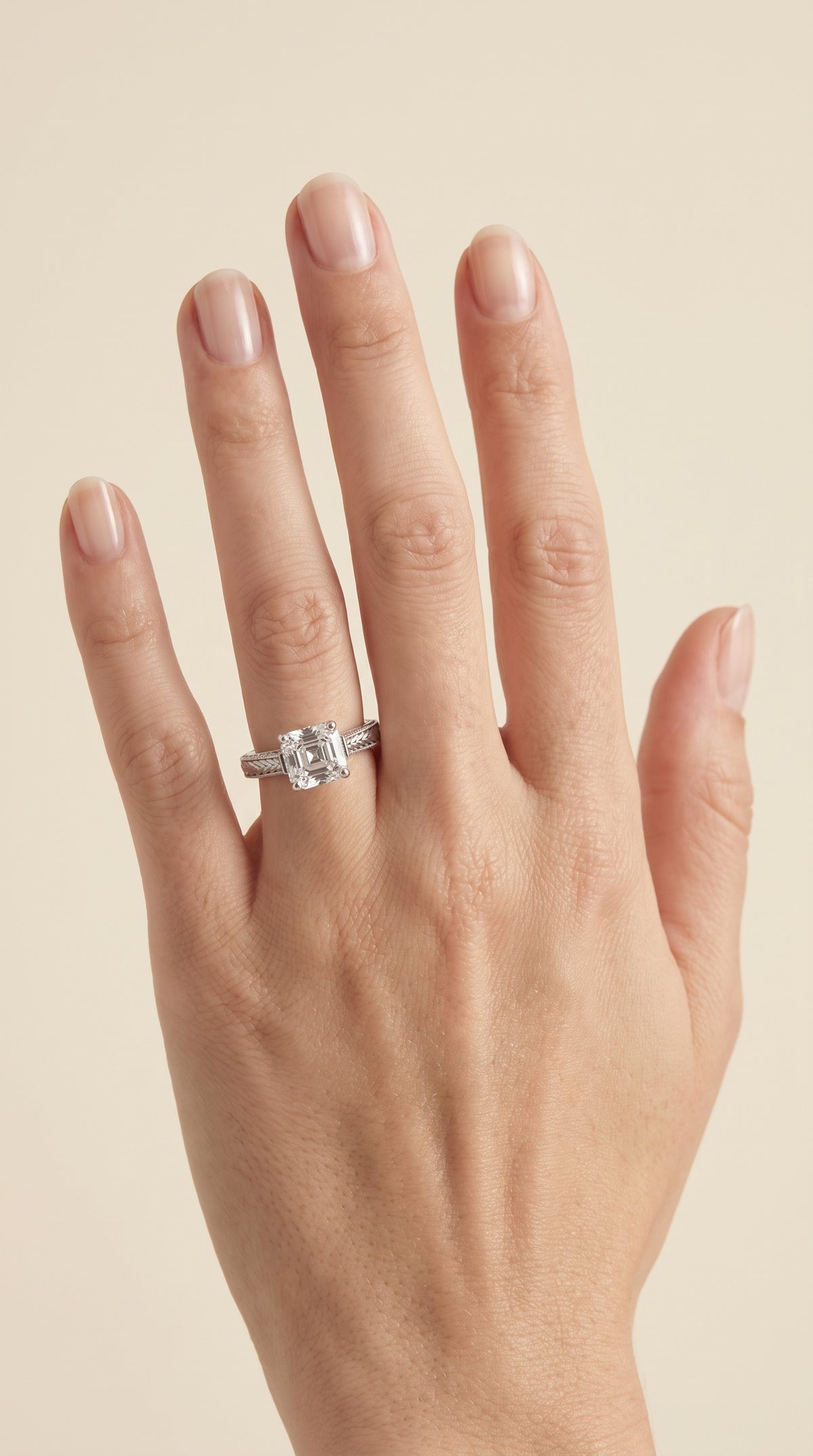 The Aida Hand Engraved Vintage Cathedral Solitaire Asscher Cut Engagement Ring Setting in Platinum
