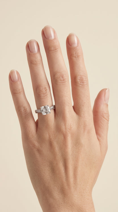 The Aida Hand Engraved Vintage Cathedral Solitaire Asscher Cut Engagement Ring Setting in Platinum
