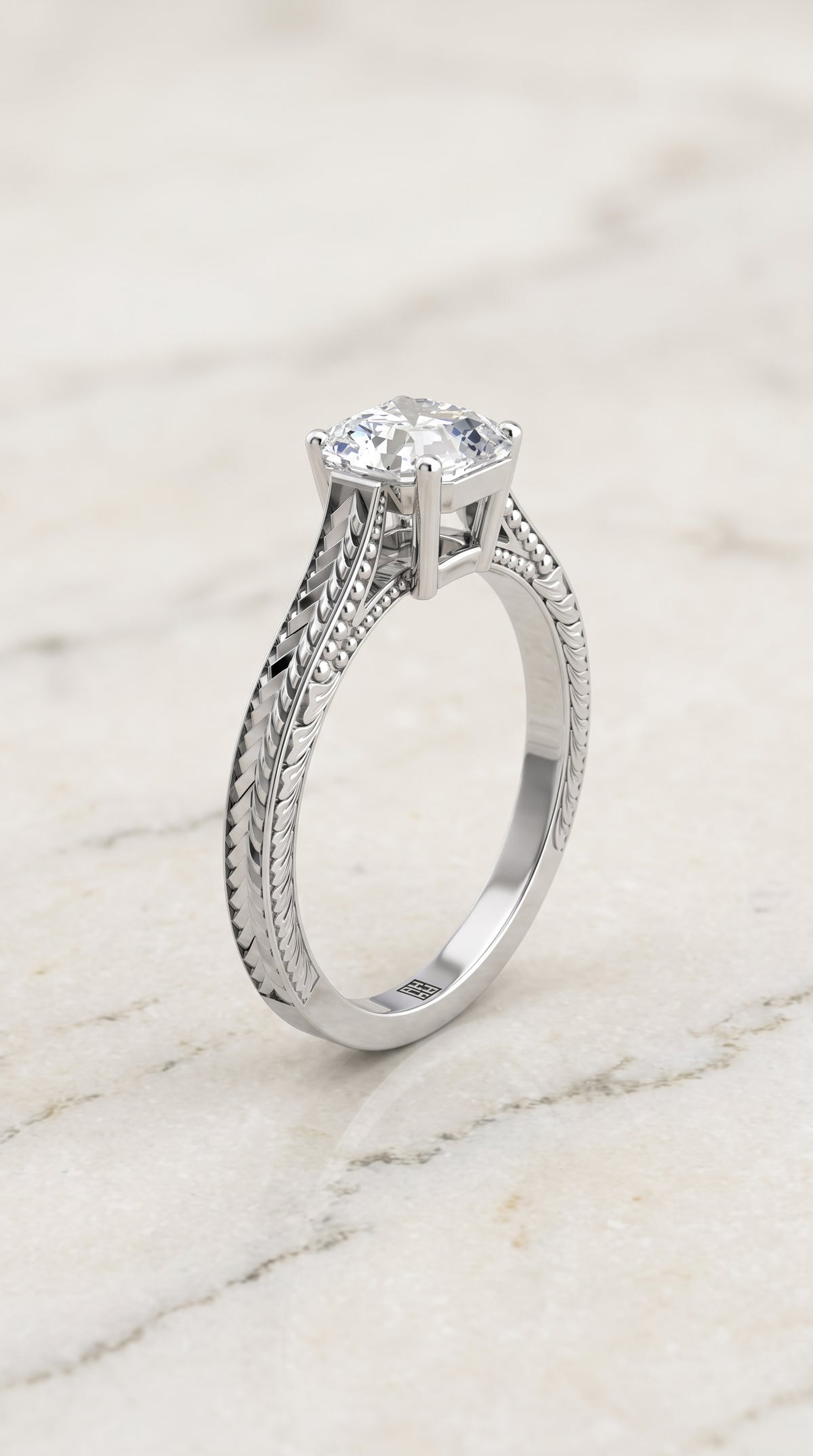 The Aida Hand Engraved Vintage Cathedral Solitaire Asscher Cut Engagement Ring Setting in Platinum