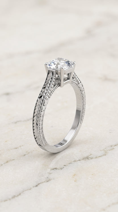 The Aida Hand Engraved Vintage Cathedral Solitaire Asscher Cut Engagement Ring Setting in Platinum