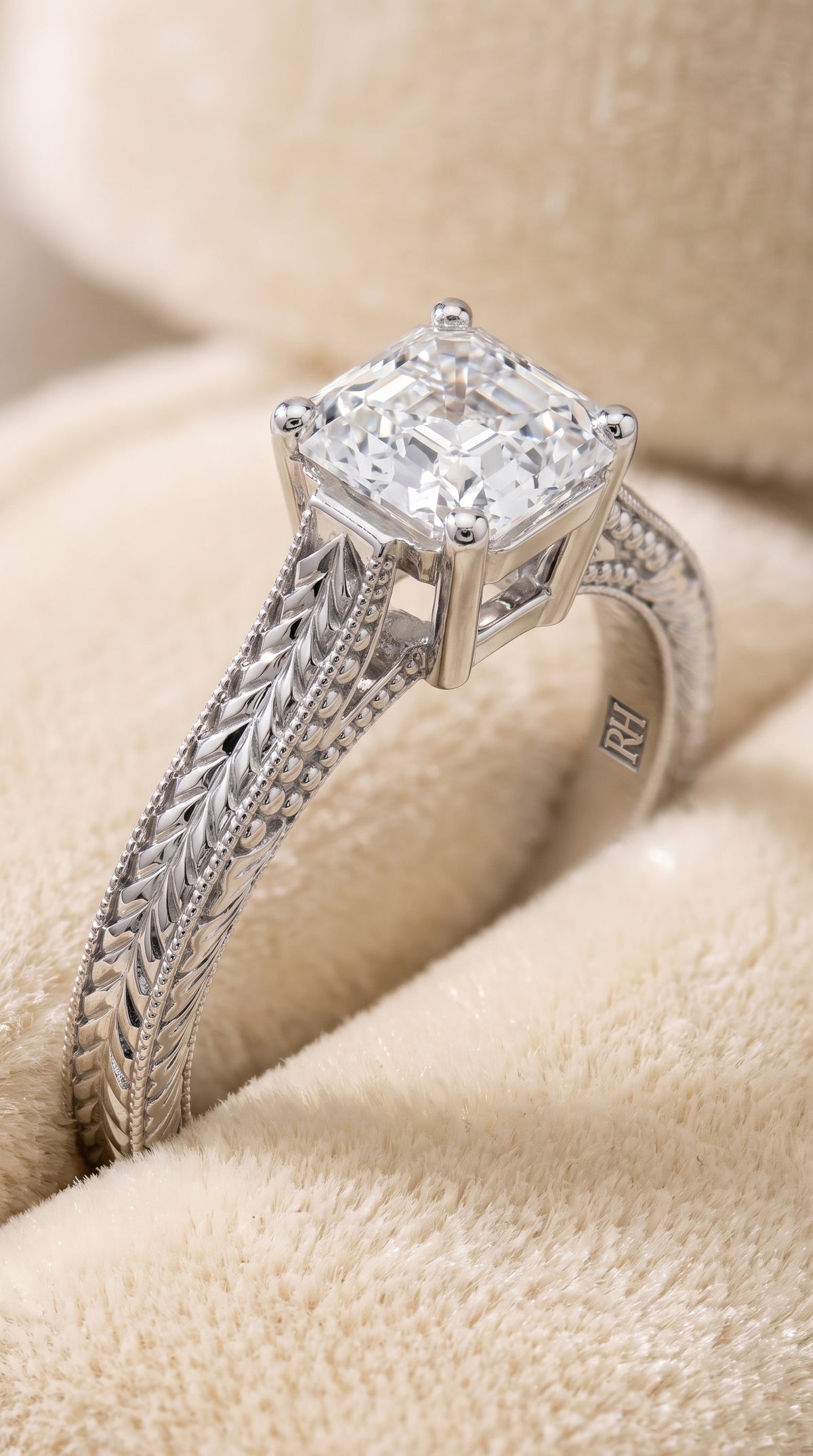 The Aida Hand Engraved Vintage Cathedral Solitaire Asscher Cut Engagement Ring Setting in Platinum