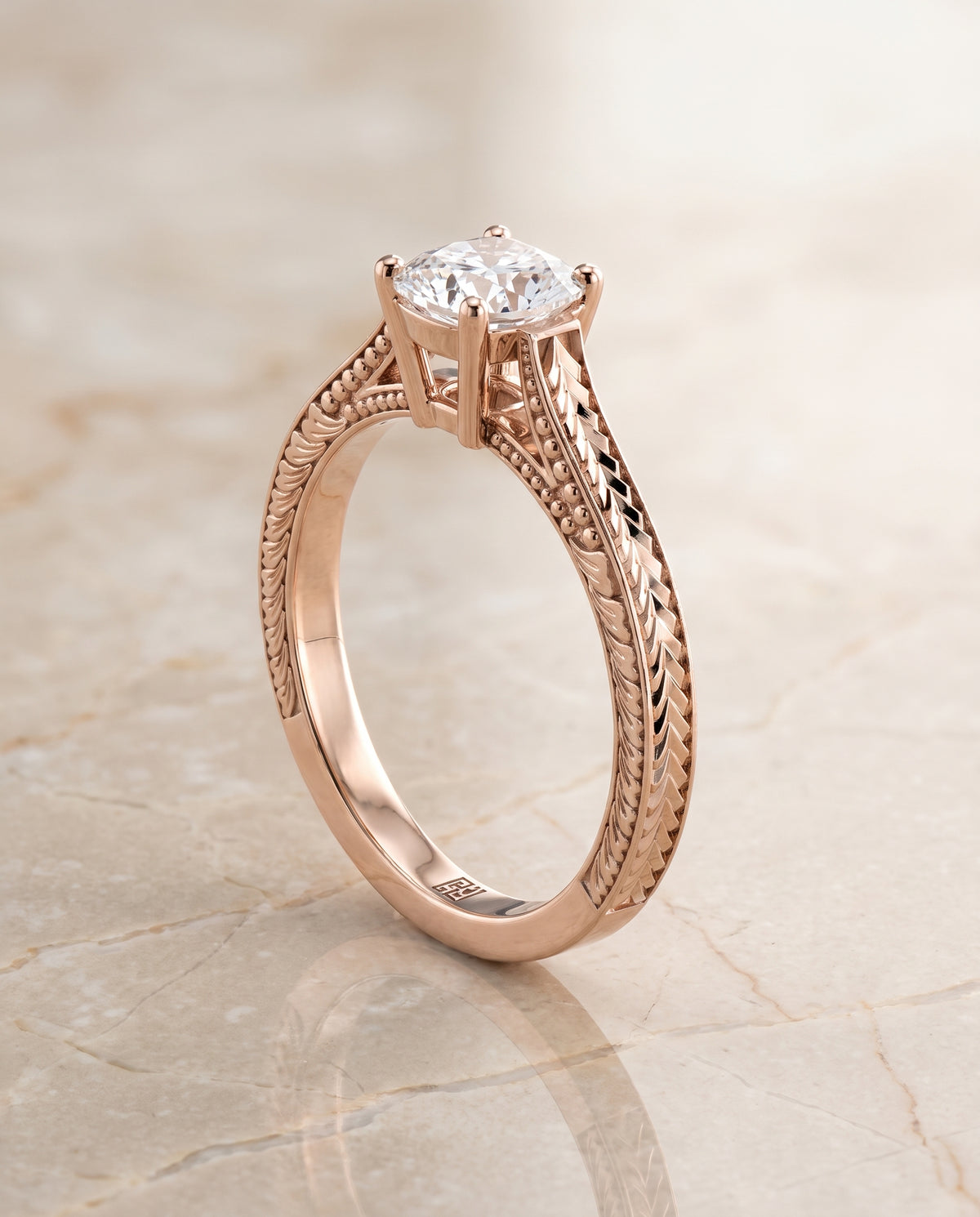 The Aida Hand Engraved Vintage Cathedral Solitaire Cushion Cut Engagement Ring Setting in 14K Rose Gold