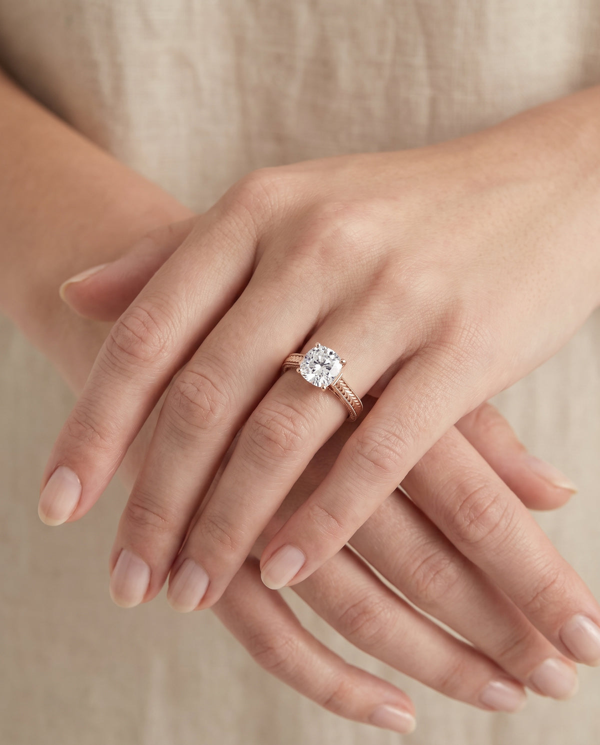 The Aida Hand Engraved Vintage Cathedral Solitaire Cushion Cut Engagement Ring Setting in 14K Rose Gold