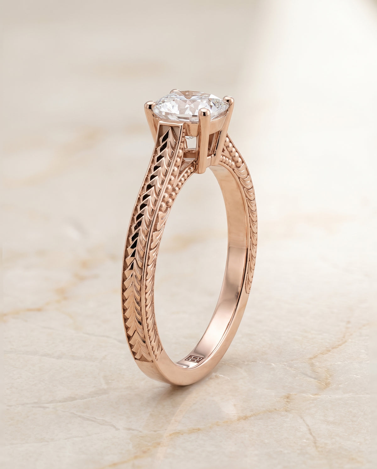 The Aida Hand Engraved Vintage Cathedral Solitaire Cushion Cut Engagement Ring Setting in 14K Rose Gold