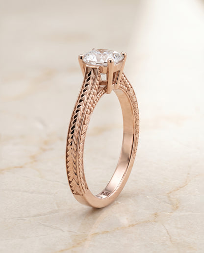 The Aida Hand Engraved Vintage Cathedral Solitaire Cushion Cut Engagement Ring Setting in 14K Rose Gold