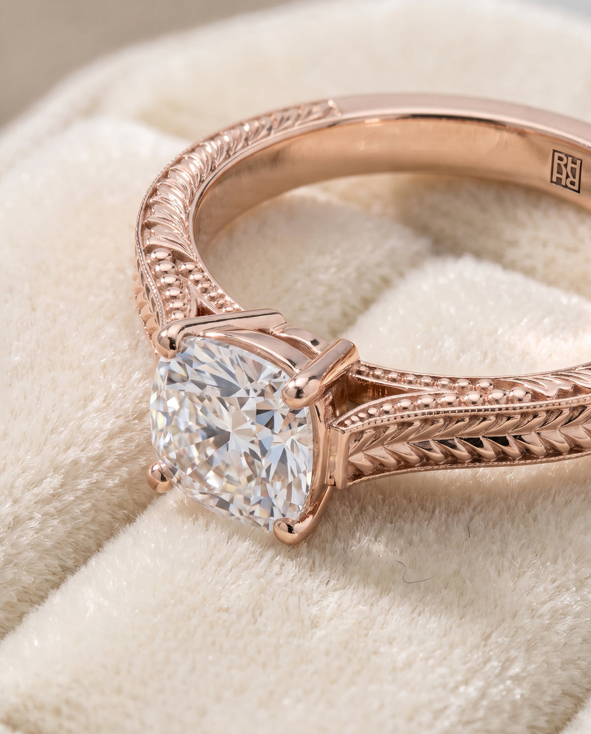 The Aida Hand Engraved Vintage Cathedral Solitaire Cushion Cut Engagement Ring Setting in 14K Rose Gold