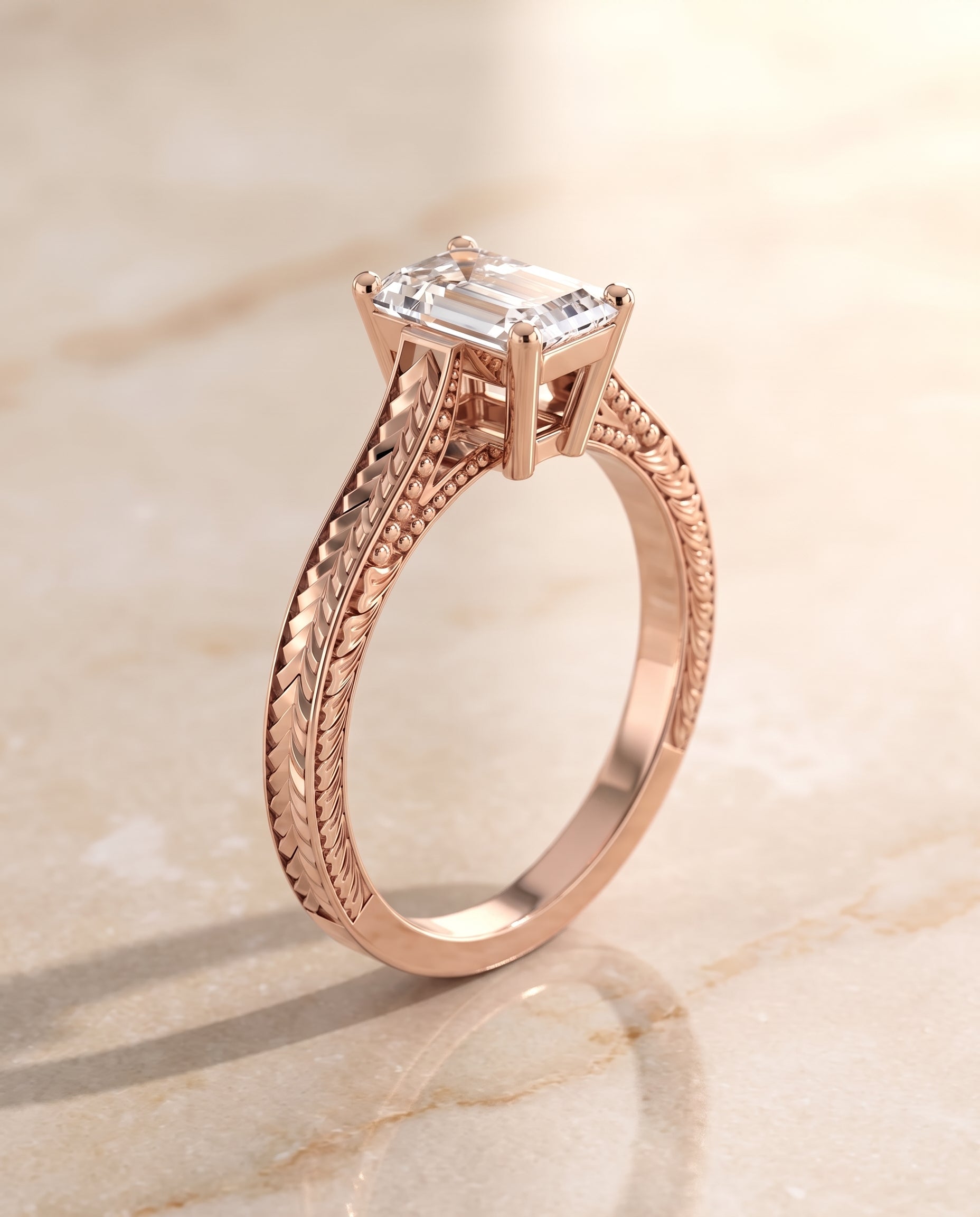 The Aida Hand Engraved Vintage Cathedral Solitaire Emerald Cut Engagement Ring Setting in 14K Rose Gold
