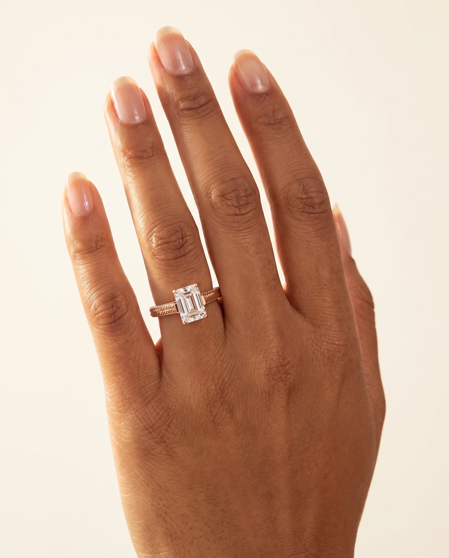 The Aida Hand Engraved Vintage Cathedral Solitaire Emerald Cut Engagement Ring Setting in 14K Rose Gold