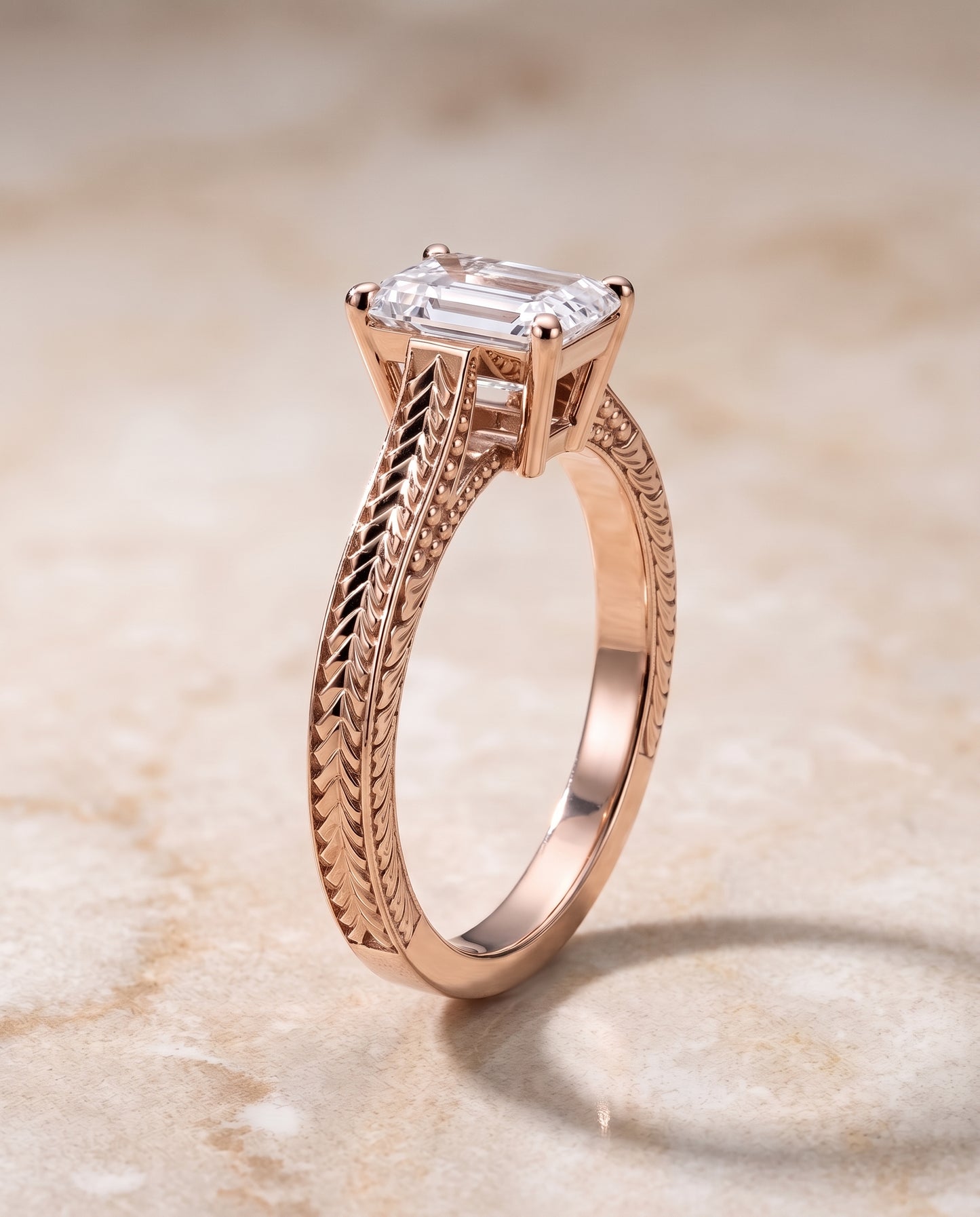 The Aida Hand Engraved Vintage Cathedral Solitaire Emerald Cut Engagement Ring Setting in 14K Rose Gold