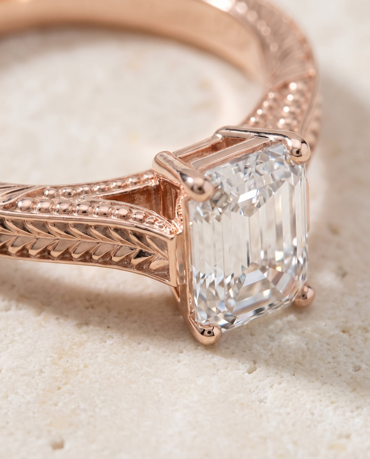 The Aida Hand Engraved Vintage Cathedral Solitaire Emerald Cut Engagement Ring Setting in 14K Rose Gold