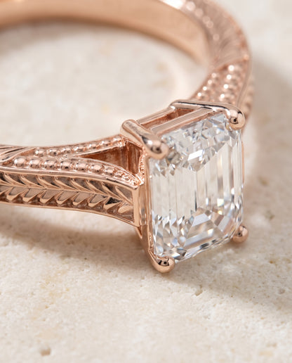The Aida Hand Engraved Vintage Cathedral Solitaire Emerald Cut Engagement Ring Setting in 14K Rose Gold