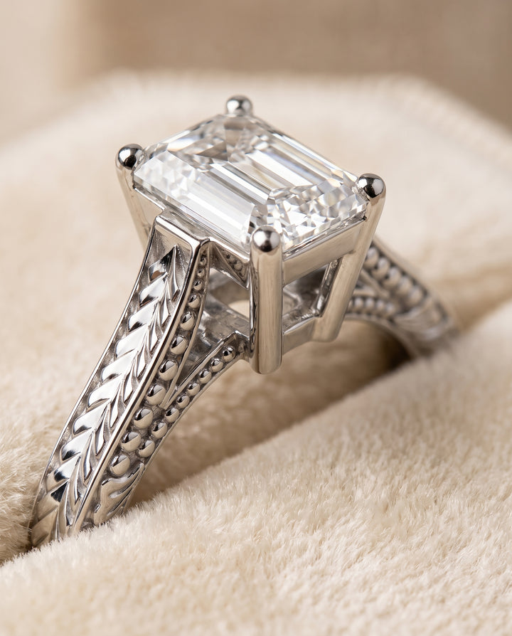 The Aida Hand Engraved Vintage Cathedral Solitaire Emerald Cut Engagement Ring Setting in Platinum