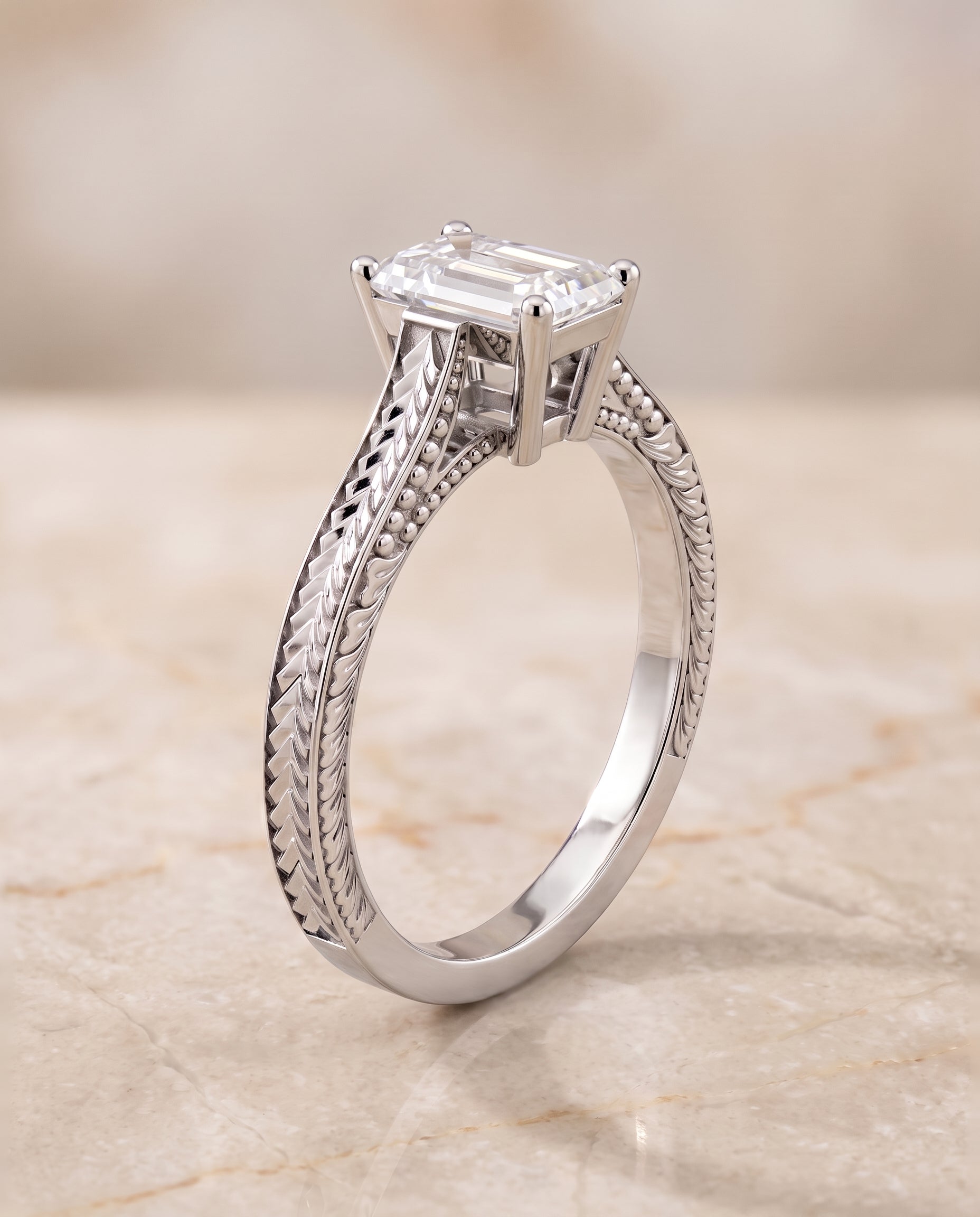 Hand Engraved Vintage Cathedral Solitaire Cut styling on The Aida emerald engagement ring setting | RockHer