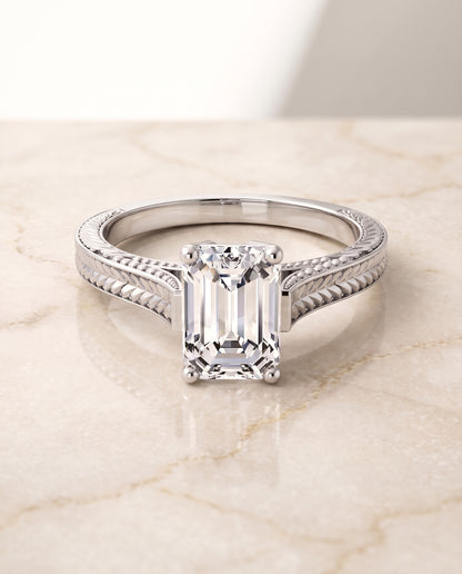 The Aida Hand Engraved Vintage Cathedral Solitaire Emerald Cut Engagement Ring Setting in Platinum
