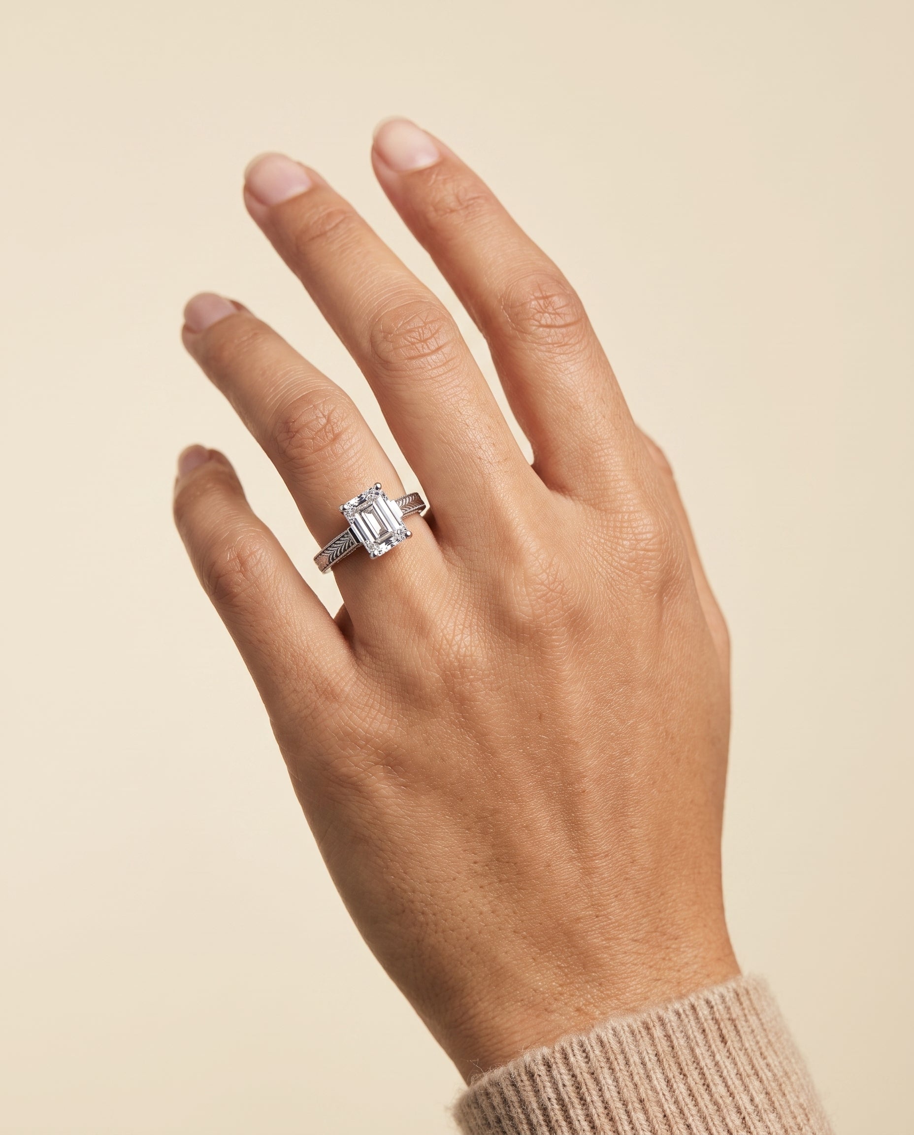 The Aida engagement ring setting in Platinum, hand engraved vintage cathedral solitaire cut design | RockHer