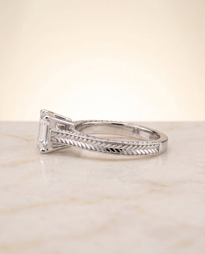 The Aida Hand Engraved Vintage Cathedral Solitaire Emerald Cut Engagement Ring Setting in Platinum