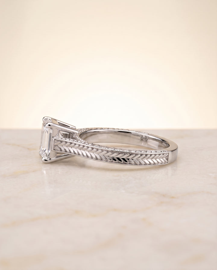 The Aida Hand Engraved Vintage Cathedral Solitaire Emerald Cut Engagement Ring Setting in Platinum
