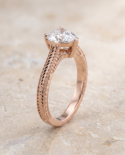 The Aida Hand Engraved Vintage Cathedral Solitaire Heart Engagement Ring Setting in 14K Rose Gold