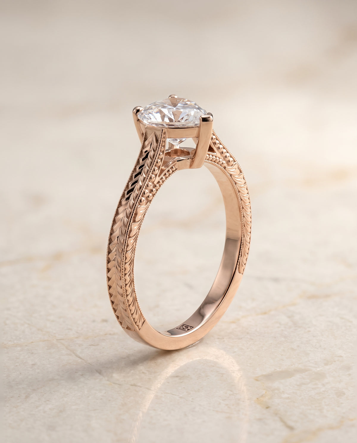 The Aida Hand Engraved Vintage Cathedral Solitaire Heart Engagement Ring Setting in 14K Rose Gold