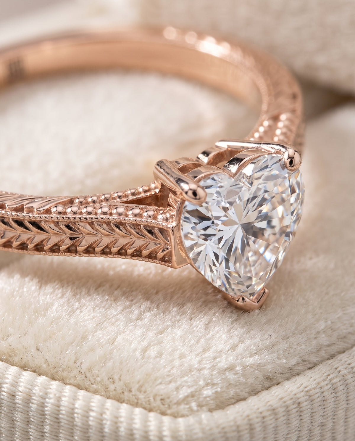 The Aida Hand Engraved Vintage Cathedral Solitaire Heart Engagement Ring Setting in 14K Rose Gold