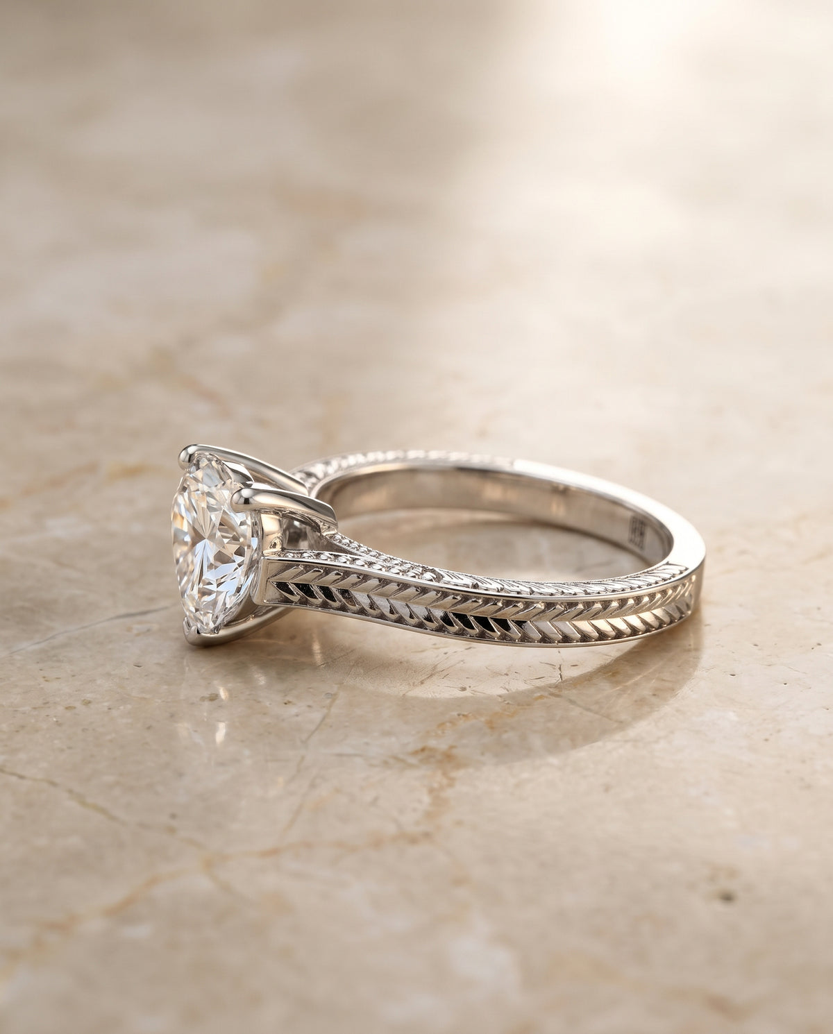 The Aida Hand Engraved Vintage Cathedral Solitaire Heart Engagement Ring Setting in Platinum