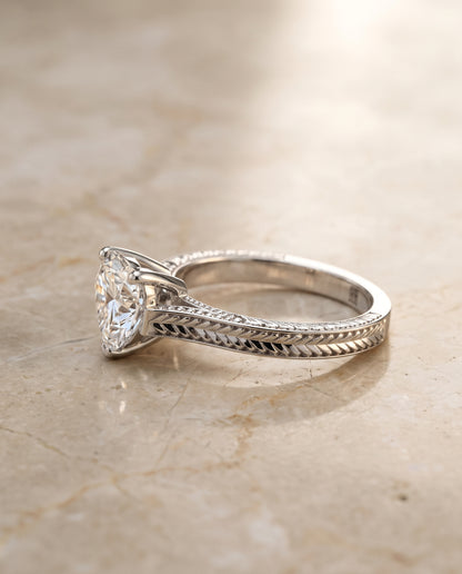 The Aida Hand Engraved Vintage Cathedral Solitaire Heart Engagement Ring Setting in Platinum