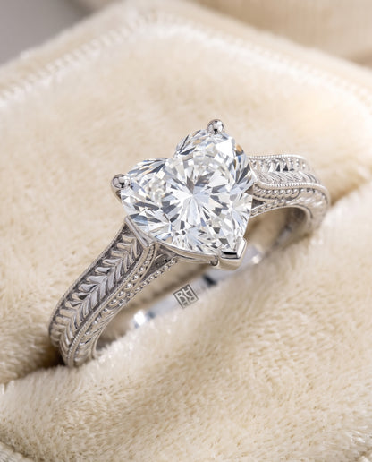 The Aida Hand Engraved Vintage Cathedral Solitaire Heart Engagement Ring Setting in Platinum