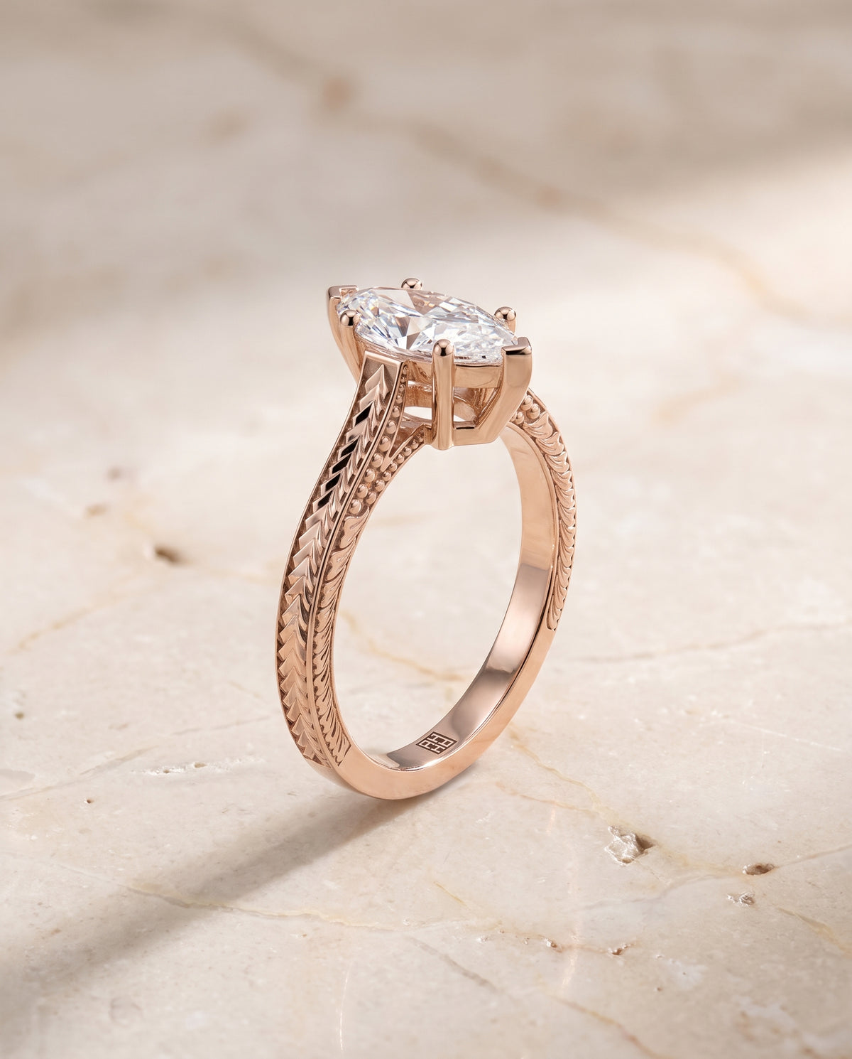 The Aida Hand Engraved Vintage Cathedral Solitaire Marquise Engagement Ring Setting in 14K Rose Gold