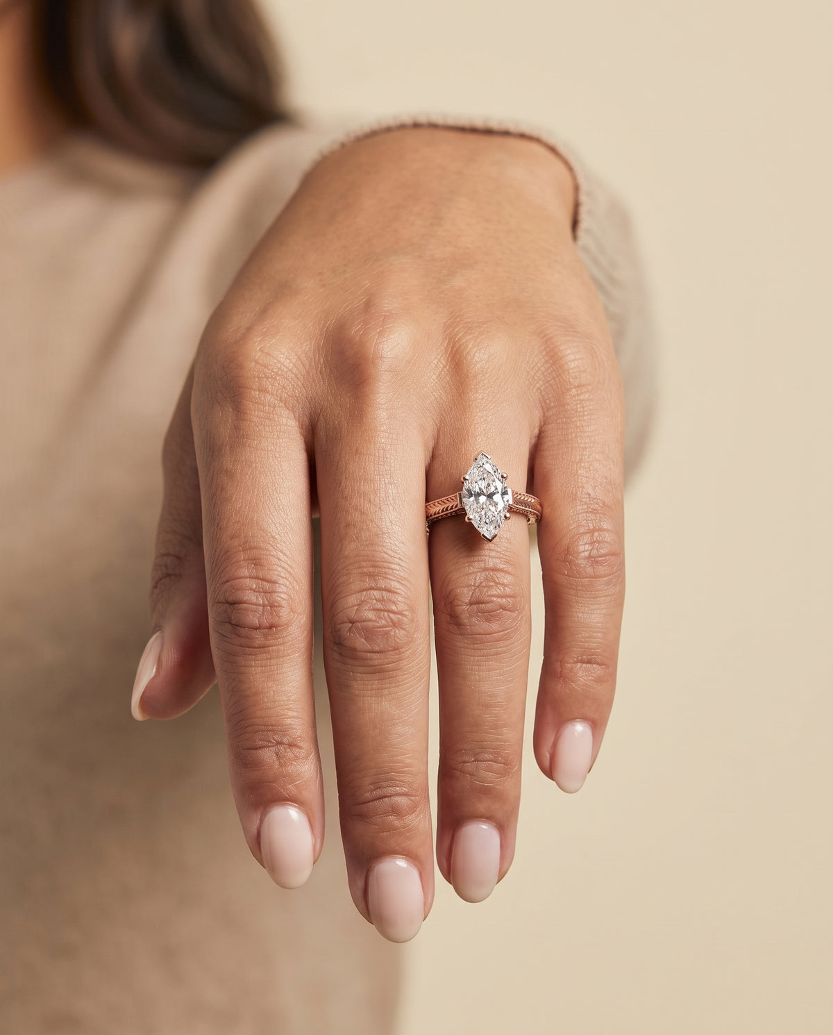 The Aida Hand Engraved Vintage Cathedral Solitaire Marquise Engagement Ring Setting in 14K Rose Gold