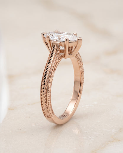 The Aida Hand Engraved Vintage Cathedral Solitaire Marquise Engagement Ring Setting in 14K Rose Gold
