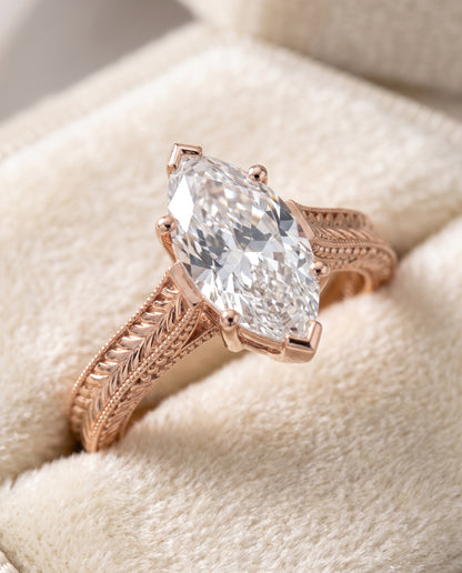 The Aida Hand Engraved Vintage Cathedral Solitaire Marquise Engagement Ring Setting in 14K Rose Gold