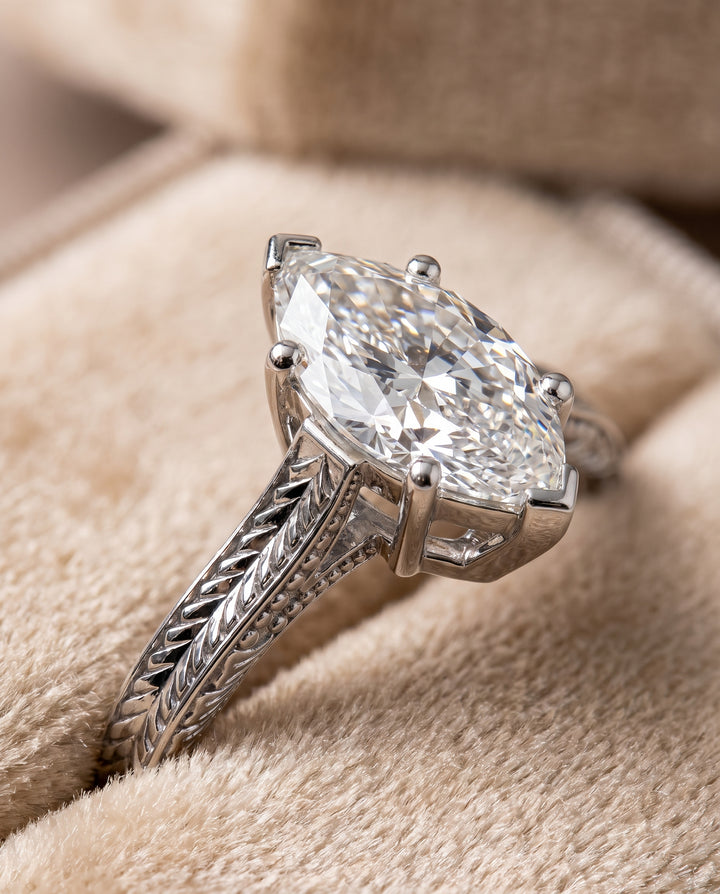 The Aida Hand Engraved Vintage Cathedral Solitaire Marquise Engagement Ring Setting in Platinum