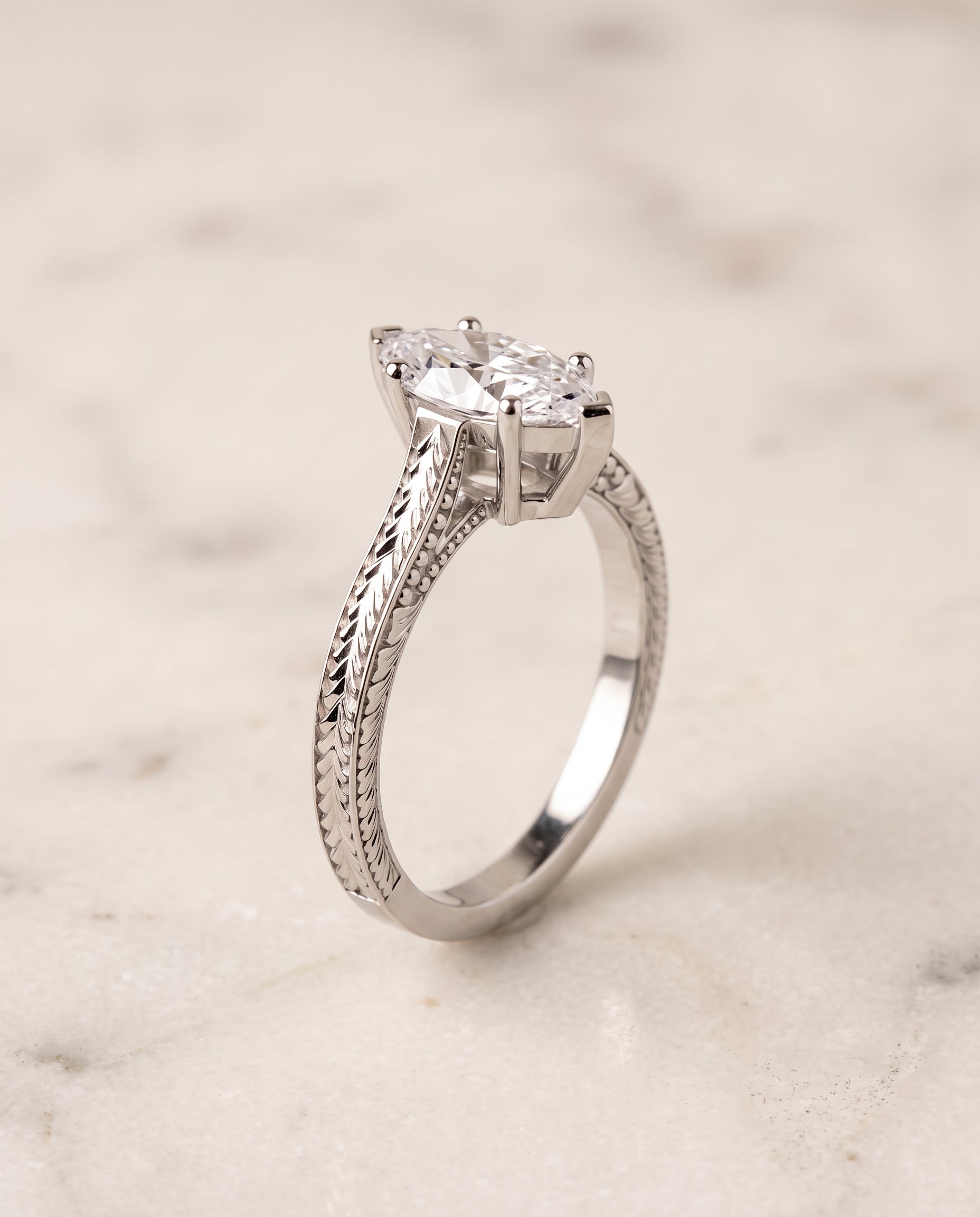 The Aida Hand Engraved Vintage Cathedral Solitaire Marquise Engagement Ring Setting in 18K White Gold