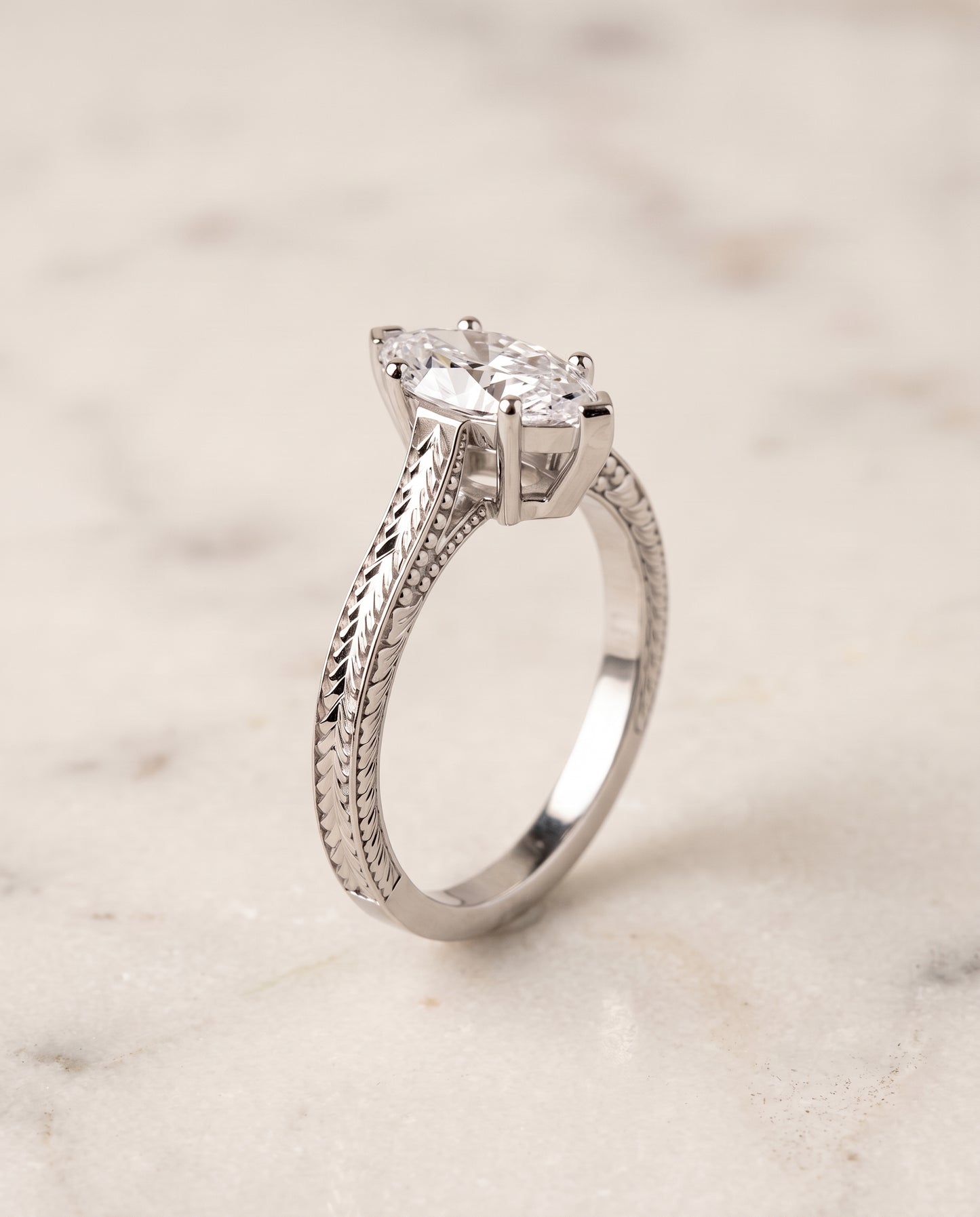 The Aida Hand Engraved Vintage Cathedral Solitaire Marquise Engagement Ring Setting in Platinum