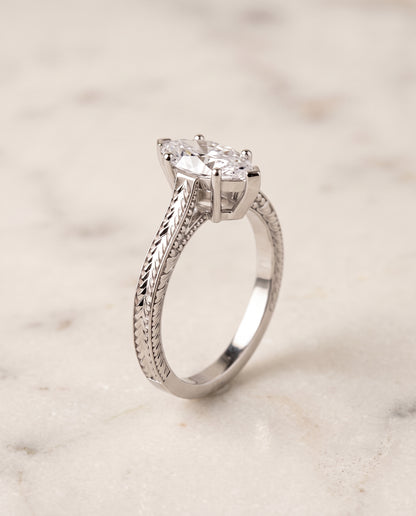 The Aida Hand Engraved Vintage Cathedral Solitaire Marquise Engagement Ring Setting in Platinum