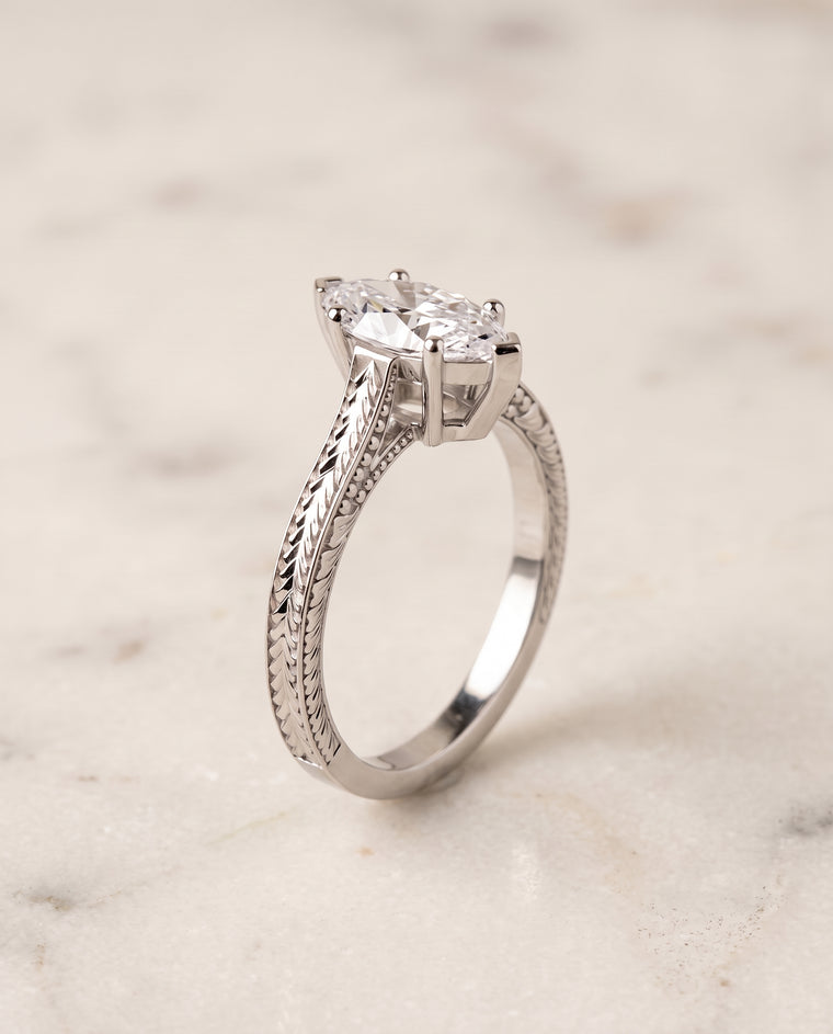 The Aida Hand Engraved Vintage Cathedral Solitaire Marquise Engagement Ring Setting in 18K White Gold