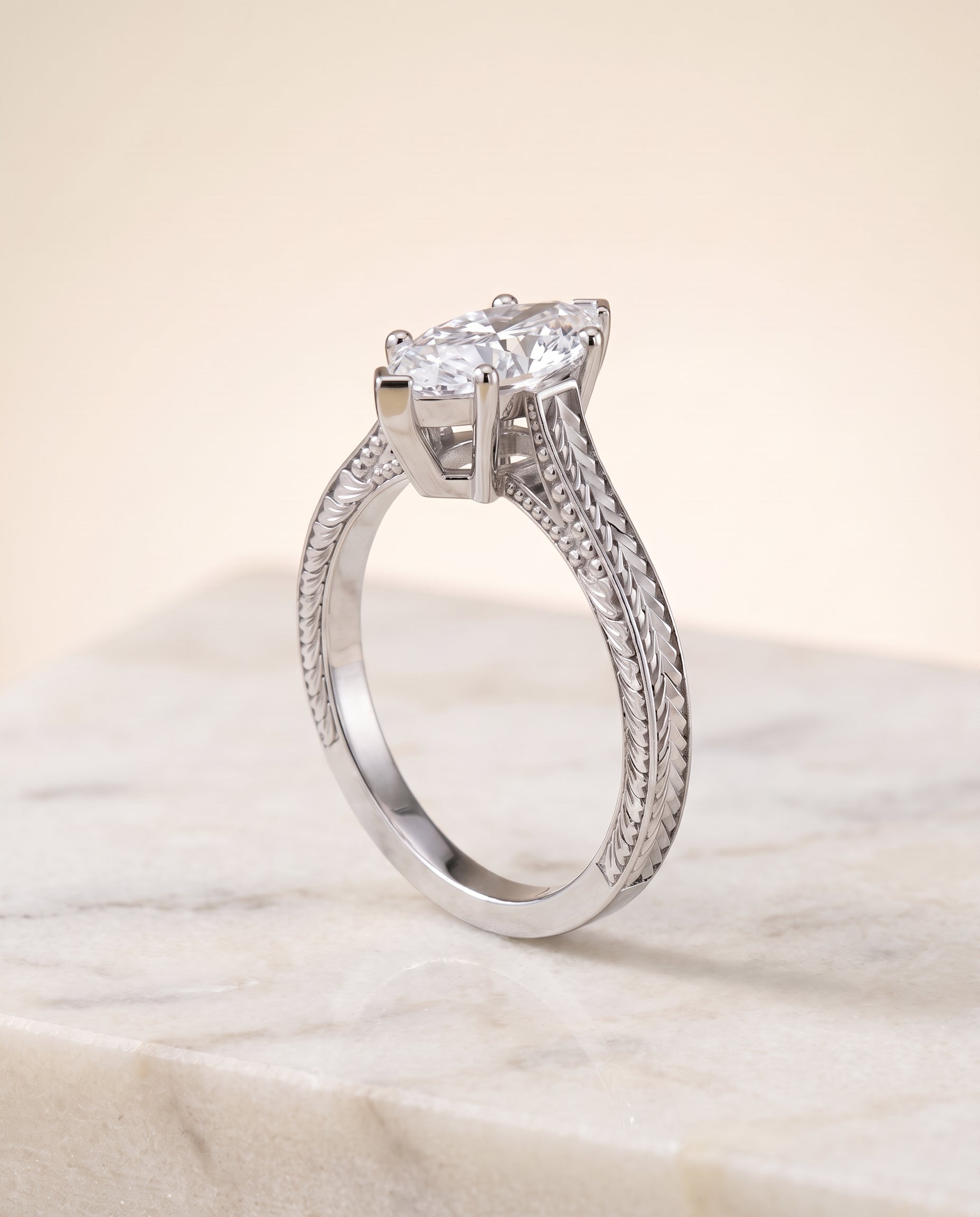 The Aida Hand Engraved Vintage Cathedral Solitaire Marquise Engagement Ring Setting in Platinum